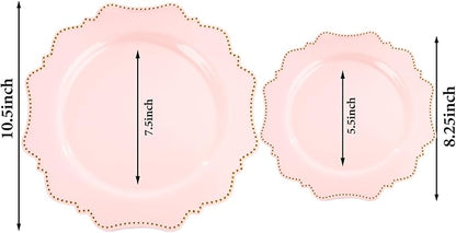 COLOSUS 60Pcs Disposable Plastic Plates Set, Gold Pink Party Plates, 30pcs Dinner Plates and 30pcs Salad/Dessert Plates for Wedding, Party, Anniversary, Daily Use,Valentine's Day