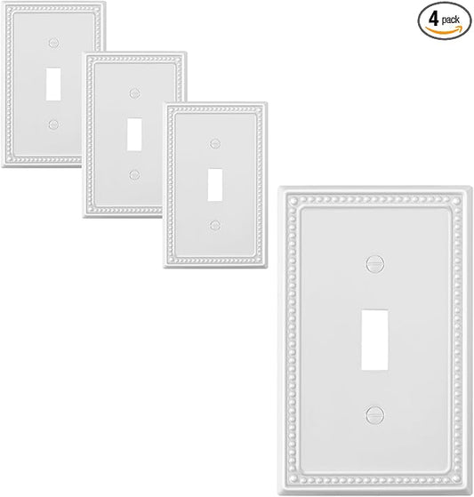4-Pack Single Toggle Light Switch Cover Plate, Pearls Decorative Switch Plate Covers, Pure White 1 Gang Metal Wall Plate, Corrosion Resistant