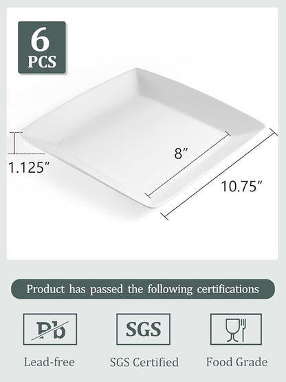 Yedio Porcelain Square Dinner Plates, 10.75 Inch Square Serving Plate for Steak, Pasta, Salad, Snacks, Pizza, Appetizer Plates, Set of 6, White