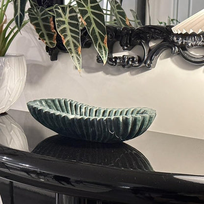 Handmade Oval Fluted Marble Bowl, Table Centerpiece Decorative Marble Bowl, Green Large Ruffle Bowls for Table Centerpiece