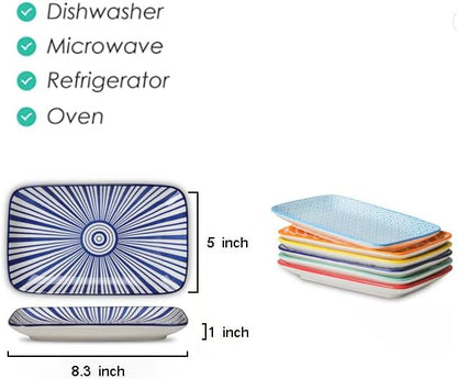 Selamica Ceramic 8 inch Rectangular Salad Plates, Dinner Plates, Pasta Dessert Plates for Appetizer, Sushi, Fruit - Microwave/oven/Dishwasher Safe, Set of 6, Assorted Colors