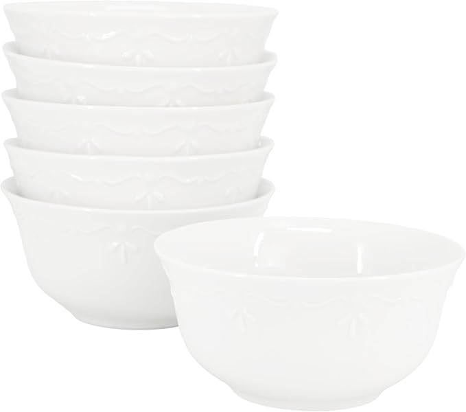 Elama Henryi 6 Piece Embossed Rim Detail Porcelain White 6.1 Inch Bowl Set by Elama