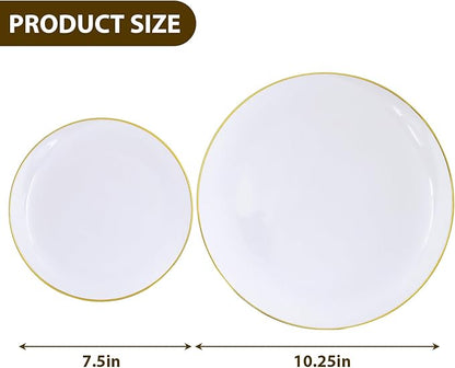 Moretoes 100PCS White Gold Plastic Plates Disposable,Party Plates White with Gold Rim, 10.25inch Dinner Plates and 7.5inch Dessert Salad Plates Heavy Duty Plates for Wedding Party and Birthday