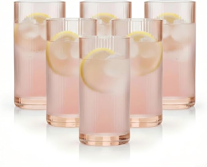 Physkoa Peach Ribbed Drinking Glasses Set of 6 – Vintage Embossed Highball - Image 7