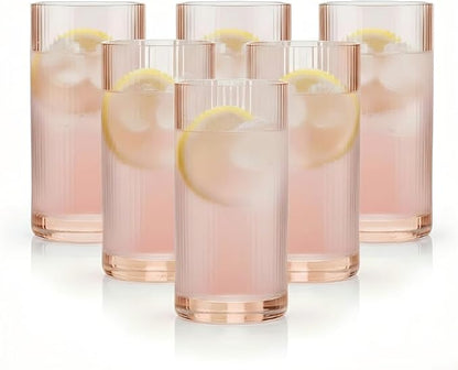 Physkoa Peach Ribbed Drinking Glasses Set of 6 – Vintage Embossed Highball - Image 7