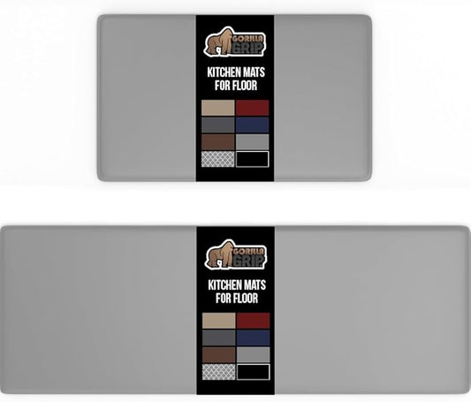 GORILLA GRIP 2 Pack Comfortable Cushioned Kitchen Mats for Floor, 17x29 + 17x59, Waterproof and Stain Resistant, 1/2 Inch Thick Soft Ergonomic Standing Desk Anti Fatigue Mat, Foam Supports Feet, Gray