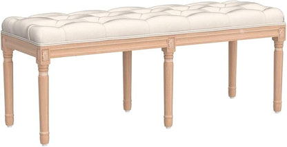 Bonzy Home 47” Bedroom Bench,French Vintage Tufted Entryway Benches Upholstered Dining Benches with Cushion,Linen Fabric End of Bed Bench for Bedroom Living Room Entryway,Beige