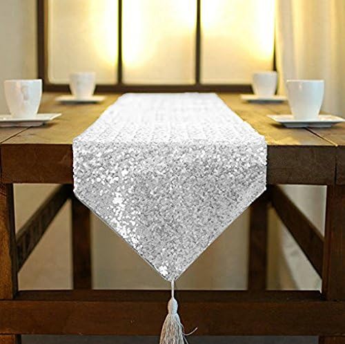ShinyBeauty Sequin Tassel Table Runner Silver 12in x 90in Sequin Table Runners by ShinyBeauty