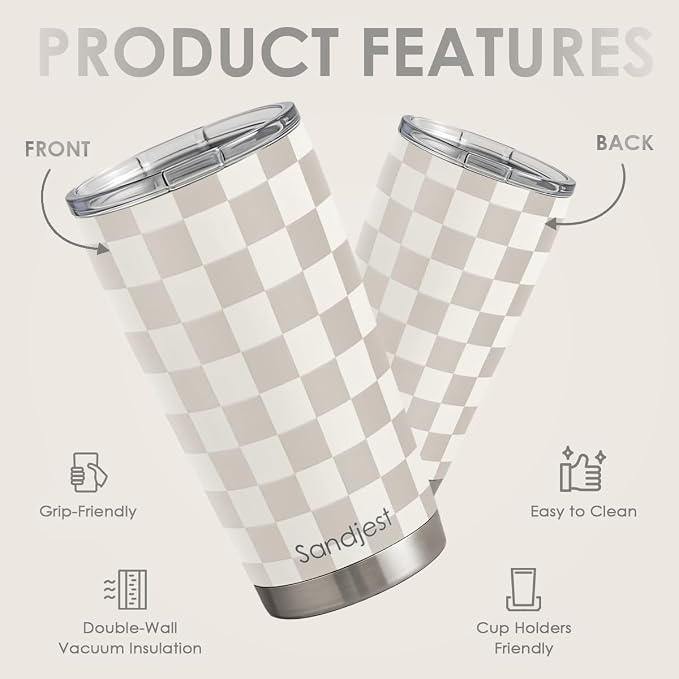 SANDJEST Checkered Tumbler 20oz Stainless Steel Insulated, Checker Travel - Image 2