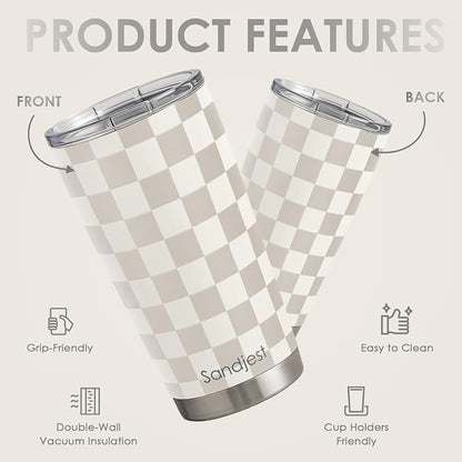 SANDJEST Checkered Tumbler 20oz Stainless Steel Insulated, Checker Travel - Image 2