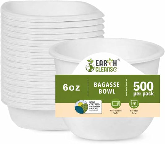 6 oz Paper Bowls [500 Pack] – Heavy-Duty Disposable Sugarcane Bowls, Made from Bagasse, Microwave & Leak-Resistant – Great for Cereal, Salad, Snacks, and Soups