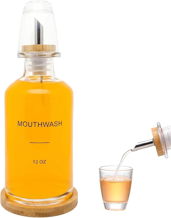 Glass Mouthwash Dispenser for Bathroom, Stainless Steel & Bamboo Nozzle by BONLONG