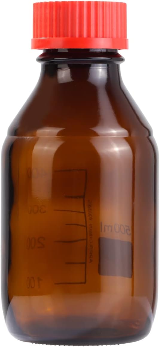 8 Pieces 500ml Amber Glass Graduated Round Lab Reagent Media/Storage Bottle With GL45 Red Screw Cap