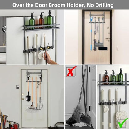 Broom Holder Over The Door Over Door Broom and Mop Rack Over The Door Hooks Organizer With4 Slots & 3 Hooks 1 Storage Basket For Laundry Room, Garage, Closet, Kitchen Decor (black)