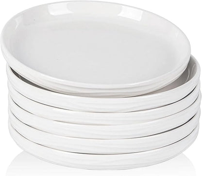 White Salad Plates Set of 6, 8 Inch Small Ceramic Ribbed Texture Dinner Plates, Kitchen Serving Dishes for Appetizer, Dessert, Microwave & Dishwasher Safe, Scratch Resistant