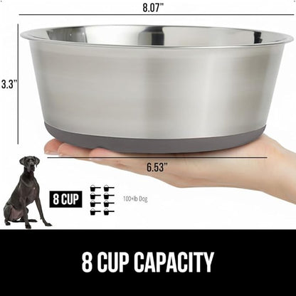 GORILLA GRIP Set of 2 Dog Bowls, Holds 8 Cups (64 fl oz), Heavy Duty Metal Food and Water Bowl for Feeding Dogs and Cats, Dishwasher Safe, Rust Resistant Stainless Steel, BPA Free Rubber Base, Gray