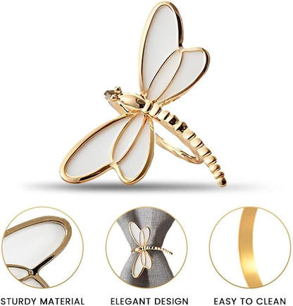 Decozen Set of 12 White Gold Napkin Rings in Dragonfly Design Festive Table Decor Setting for Holiday Wedding, Birthday, Kitchen, Home Decor Housewarming Gift - Mothers Day Decorations