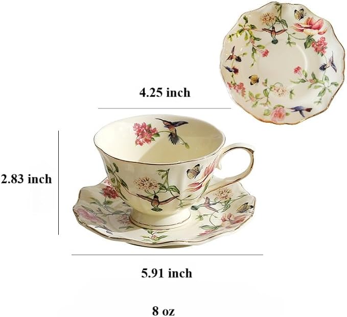 8 oz Vintage flower Ceramic cup and 6" saucer set - Image 2