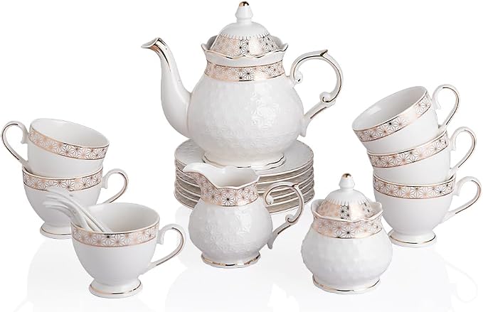Sweejar 21 Pieces Porcelain Tea Set, Vintage Gold Trimmed Teapot Cup and Saucer by Sweejarco1949
