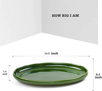 vicrays Ceramic Serving Platter Tray - Extra Large Oval 14.5 Inch Porcelain Dinner Plates Long Serving Dish Set - for Party Restaurant Food Meat Sushi Fish Turkey Platter - Green