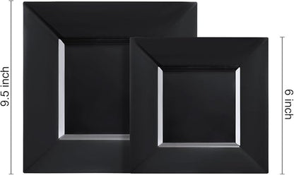 Liacere100PCS Black Plastic Plates-Premium Black Square Disposable Plates-Include 50PCS 9.5inch Dinner Plates - 50PCS 6inch Dessert Plates for Party&New Year&Halloween