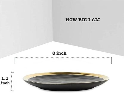 vicrays Ceramic Dessert Salad Plates, 8 Inch, Set of 6, Round, Dishwasher Safe, NOT Microwave Safe, Scratch Resistant, Suitable for Appetizer, Home, Restaurant (Black with Golden)