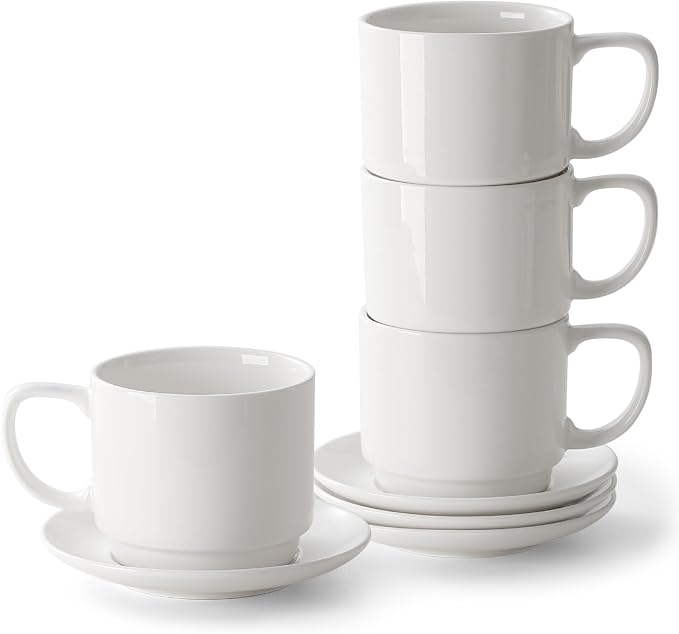 DOWAN 12oz Coffee Mugs, Cappuccino Cup and Saucer Set of 4, Tea Cups by DOWAN