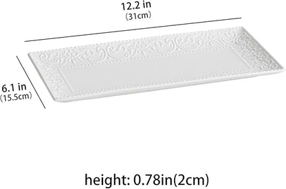 Rectangular Embossed Serving Platter Set, 12 Inch Large Serving Plates, Stackable Serving Tray for Wedding, Ceramic White Serving Platters for Entertaining, Dishwasher & Oven Safe (4PCS)