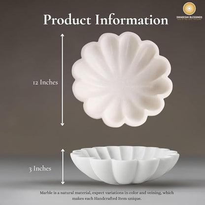 SWADESHI BLESSINGS HandCrafted Marble Decorative Bowl | White Ruffle Scalloped Fluted Key/Fruit Ring Dish | Organic Modern Home Decor (12 Inches)