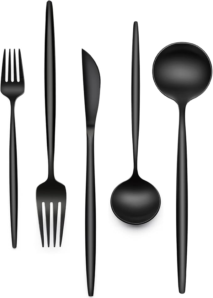 30-Piece Black Silverware Set, Flatware Set by EWFEN