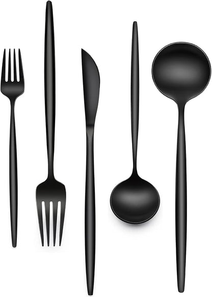 30-Piece Black Silverware Set, Flatware Set by EWFEN