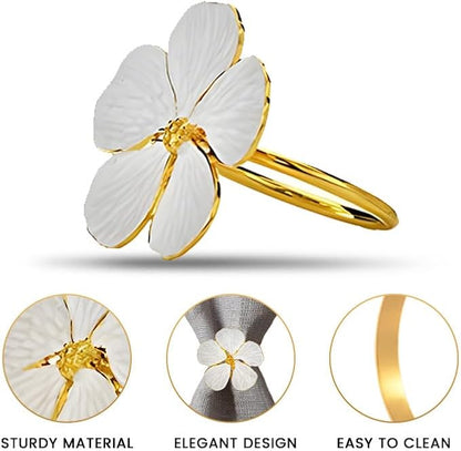 Decozen White Gold Napkin Rings Set of 8 White Gold Napkin Rings in Floral Design Festive Table Decor Setting for Holiday Wedding Birthday Kitchen Home Decor Housewarming Gift