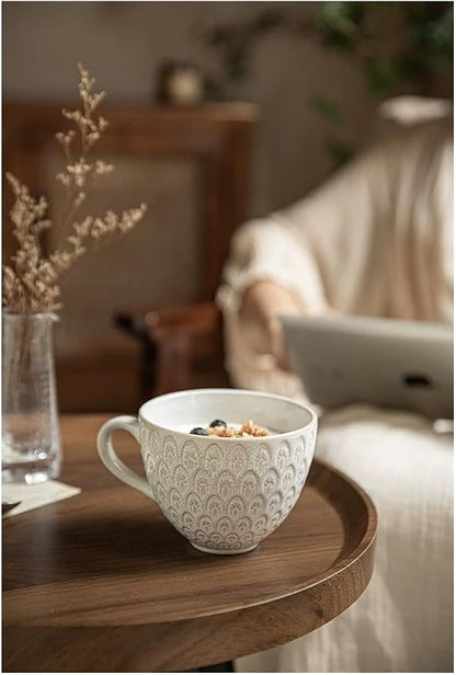 16 oz Ceramic Coffee Mug, Embossed Stoneware Cup - Image 3
