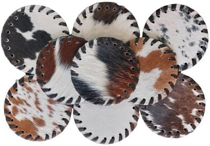 Cowhide Coasters Set of 6 pcs Round Natural Cowhides Drink Pads Hair On Genuine by Unknown