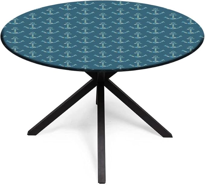 Round Edge Closing Tablecloth, Nautical Elastic Edged Tablecloth, Anchors Maritime Theme Decor, Fit Round Tables 56inch Diameter, for Dining Room/Party/Banquet Decoration, Petrol Blue Beige