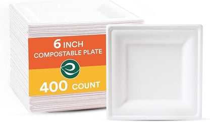 ECO SOUL Compostable Square Paper Plates 6 Inch (400 Count) Small Plates for Dessert, Heavy Duty, Eco-Friendly Sugarcane Bagasse For Appetizer- White
