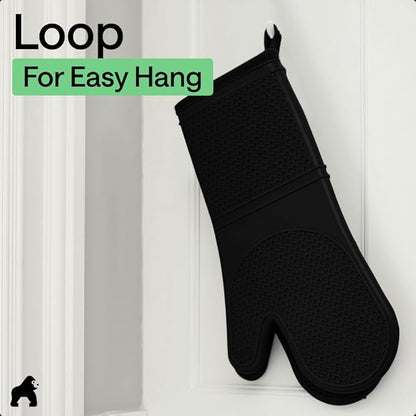 GORILLA GRIP BPA-Free Soft Silicone Oven Mitts, 14.5x8.3, Heat Resistant and Waterproof Cooking Gloves, Thick Cotton Lining, Flexible Gripping for Baking Grilling, Kitchen Potholders Set of 2, Black