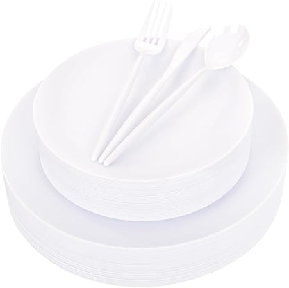 EI 150pcs White Plastic Plates Disposable,White Plate for Party,Disposable Frosted Plate with White Plastic Silverware,Heavy Duty Dinnerware set serves for 30,Perfect for Birthday Wedding Tea Party.