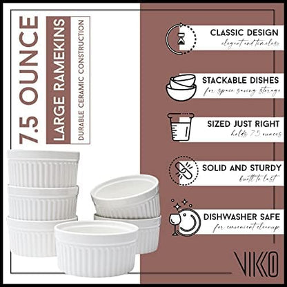 Vikko White Ramekin, Set of 4 Fine Porcelain Ramekins, Stackable 4 Inch Bowls, 7 Ounce Dips Dish, Dishwasher Safe