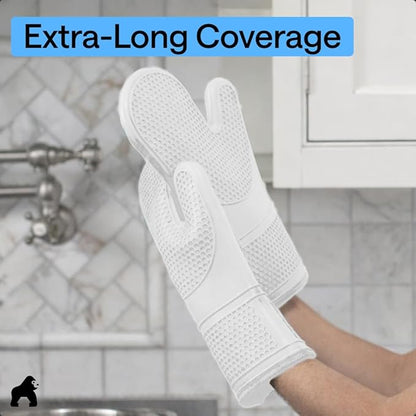 GORILLA GRIP BPA-Free Soft Silicone Oven Mitts, Heat Resistant and Waterproof Cooking Gloves, Thick Cotton Lining, Flexible Gripping for Baking Grilling, Kitchen Potholders Set of 2, 12.5x8.3, White