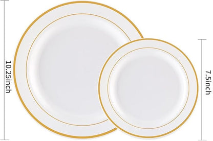 WDF 60PCS White Gold Plates Disposable - Gold Plastic Plates, Including 30-10.25inch Gold Dinner and 30-7.5inch Salad/Dessert for Valentine's Day