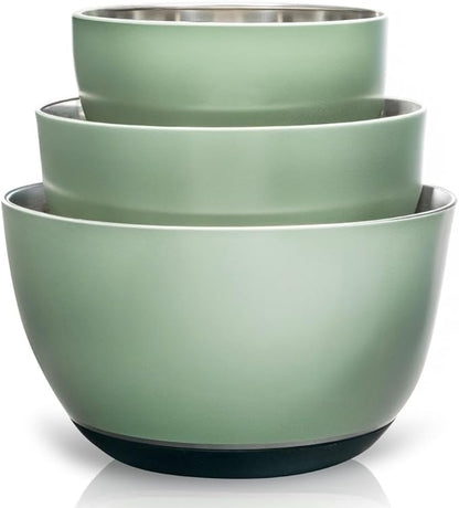WHYSKO Stainless Steel Mixing Bowls Set of 3 with Non-Slip Silicone Base, Nesting Metal Bowls for Meal Prep, Baking, Cooking & Food Storage, Dishwasher Safe Kitchen Mixing Bowls, Green