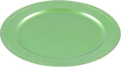 100 PCS Antique Charger Plates, Vintage Round Plastic Dinner Plates with Textured Edges, Stackable Tabletop Chargers for Weddings Parties Restaurants (Green)