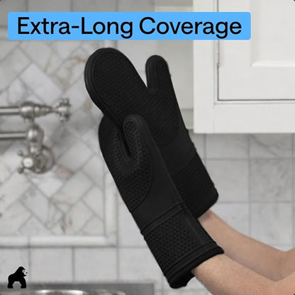 GORILLA GRIP BPA-Free Soft Silicone Oven Mitts, 14.5x8.3, Heat Resistant and Waterproof Cooking Gloves, Thick Cotton Lining, Flexible Gripping for Baking Grilling, Kitchen Potholders Set of 2, Black