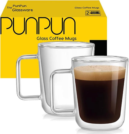 PunPun 16oz.480ml Clear Glass Mugs Large Coffee Mugs, Jumbo Insulated Double by PunPun
