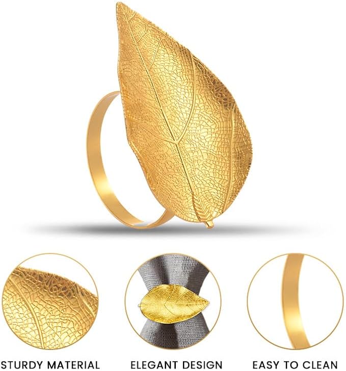 Decozen Set of 4 Gold Napkin Rings in Leaf Design, Festive, Table Decor Setting for Holiday, Wedding, Birthday, Kitchen, Home Decor, Housewarming Gift - Mothers Day Decorations