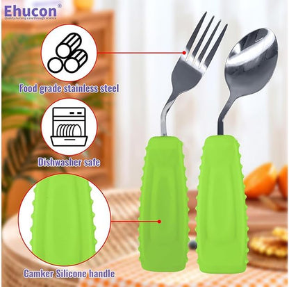 Adaptive Utensils Angled Spoon and Fork for Hand Tremors Parkinsons,Weighted Utensils with Non-Slip Easy Grip Handles for Independent Eating (1pcs Spoon+1pcs Fork=2 pcs,Green,Left Hand)