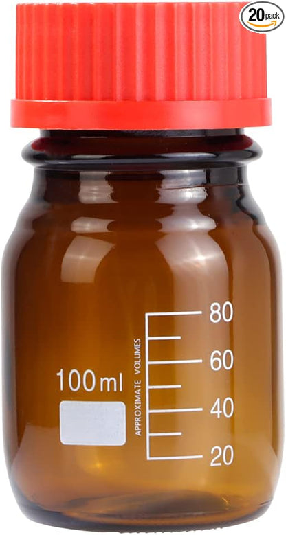 20 Pieces Amber Glass 100 mL Graduated Round Lab Reagent Media/Storage Bottle With GL45 Red Screw Cap
