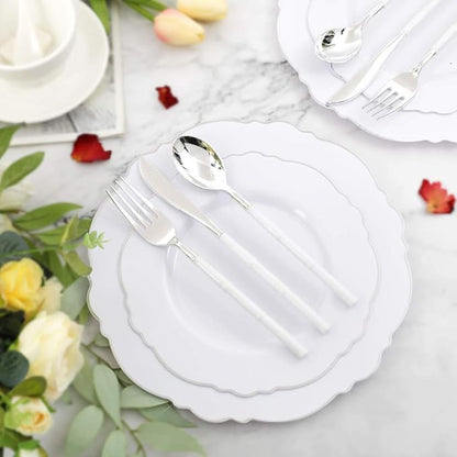 WDF 60pcs Silver Plastic Plates-Baroque White &Silver Plates for Upscale Parties &Wedding-including 30Plastic Dinner Plate 10.25inch, 30 Salad Plate 7.5inch for Valentine's Day