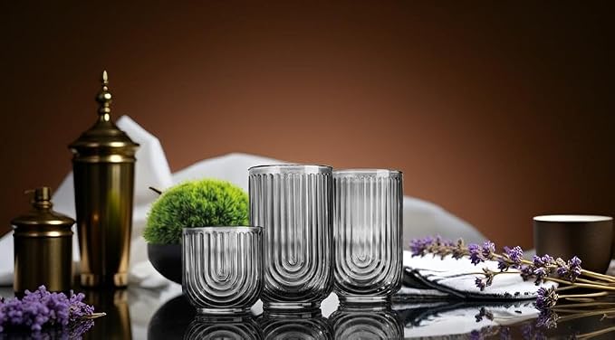 Glaver's 8 Piece Smoke Glassware Set, Art Deco Black Drinking Glasses, Ribbed - Image 5
